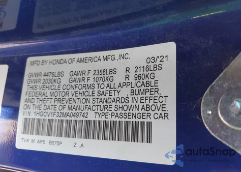 2021 Honda Accord Sport from USA, damaged, VIN 1HGCV1F32MA049742